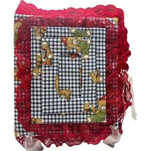Vtg Gingham Teddy Bear Blue Red Hand Made Fabric Lace Photo Keepsake Album 48 Pg
